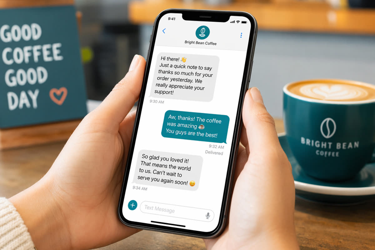 Hands holding a phone showing a friendly business text conversation
