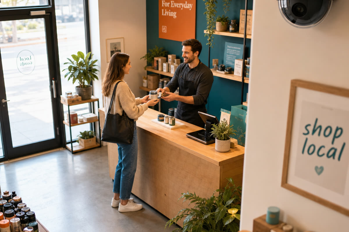 A modern small retail store with a wall-mounted security camera in frame