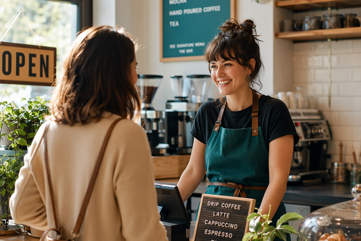 A barista greeting a customer at a bright coffee shop counter
