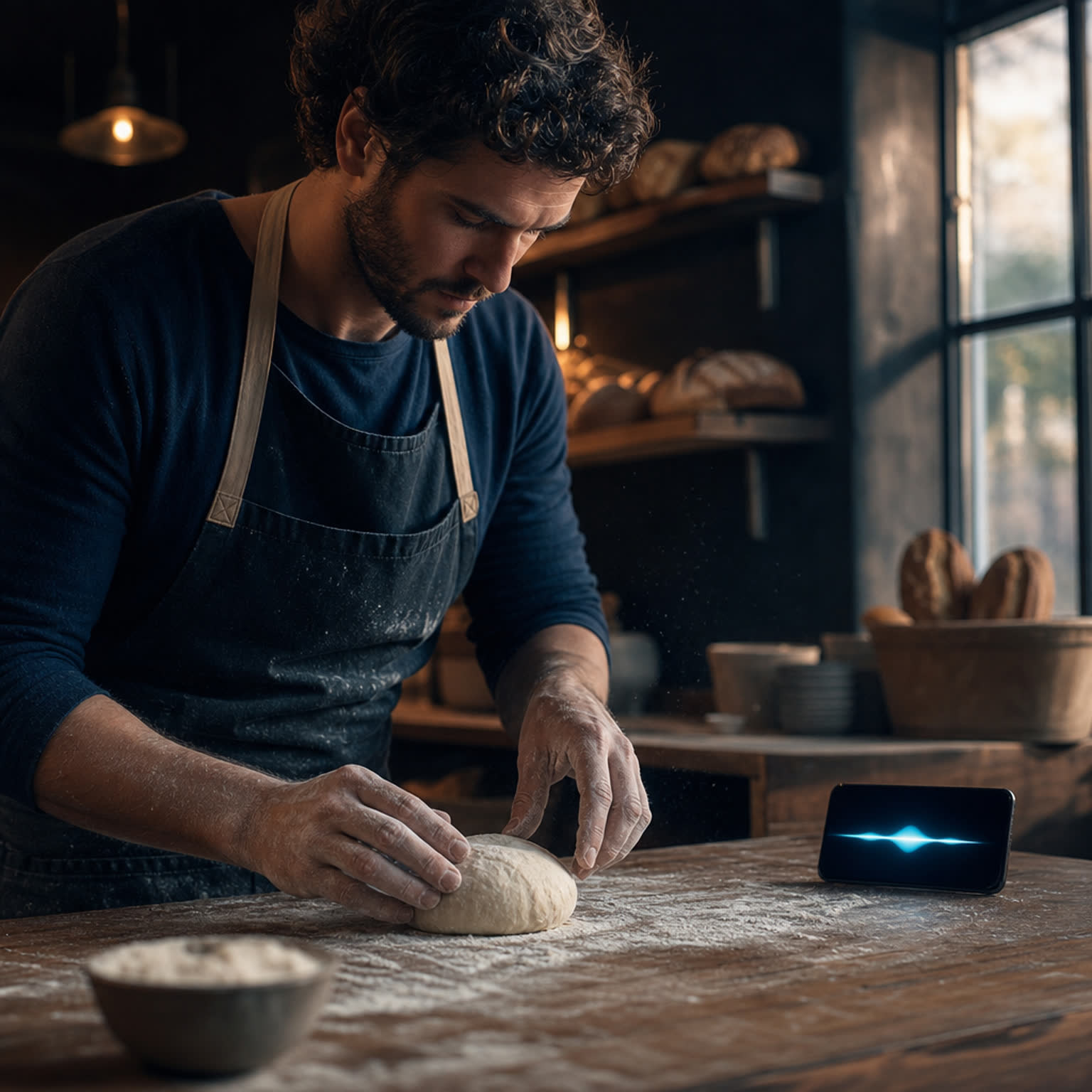 A baker works hands-free while the AI receptionist answers the phone
