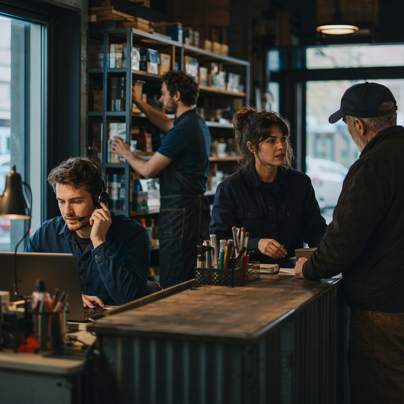A small team handling calls and customers in their store