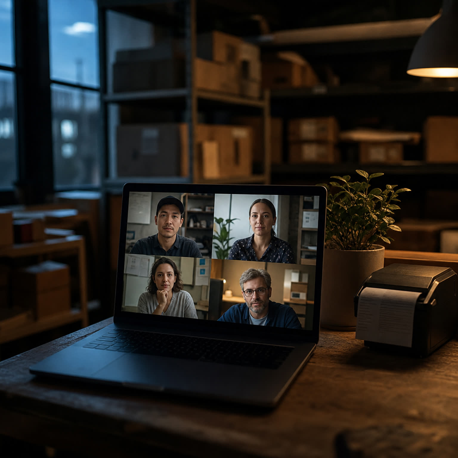 A video meeting running on a laptop in a back office